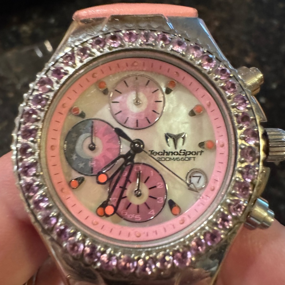 TechnoSport Zoom/660ft Stainless Steel, Pink Crystal Chronograph Watch